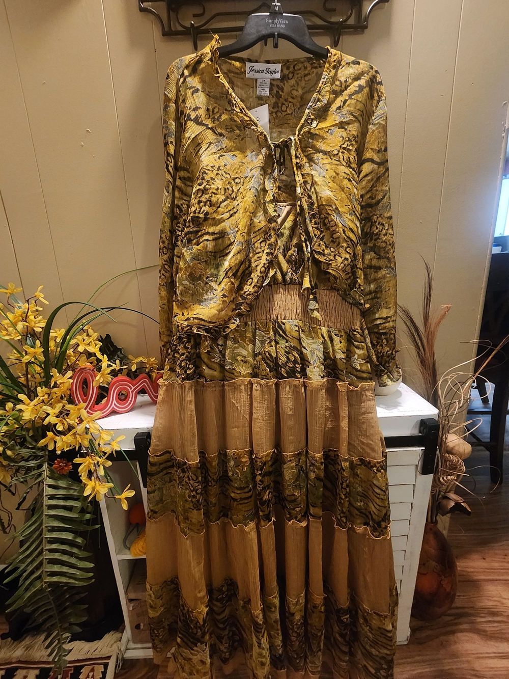 New Jessica Taylor 2pc Gold/ Green Animal Print Patterned Tiered Maxi Dress